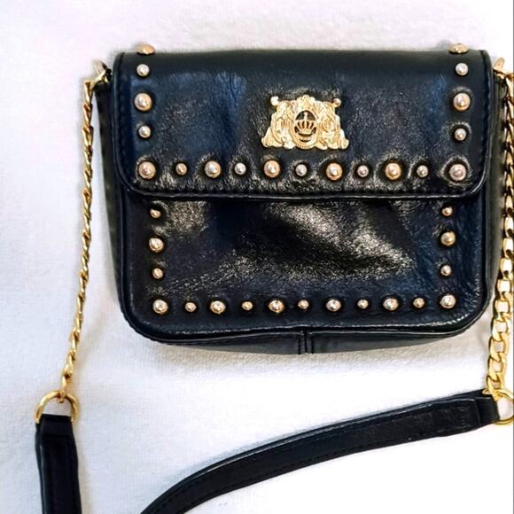 Y2K Juicy Couture Crossbody Shoulder Bag Black Leather Gold Studs Chain Rare VNT - Picture 2 of 16